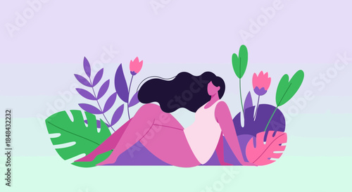 A woman in a white swimsuit relaxes amidst lush tropical foliage and flowers, embodying a sense of peace and natural beauty