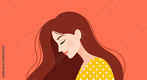 A serene illustration of a woman with long brown hair, her eyes closed in peaceful contemplation, wearing a yellow polka dot dress against a warm orange background