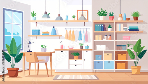 A bright and organized utility room with a desk, shelves, sink, and plants, featuring a clean modern design.