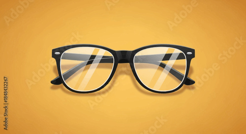 A pair of blackrimmed eyeglasses with clear lenses rests on a textured orange background, showcasing a stylish and vintage aesthetic
