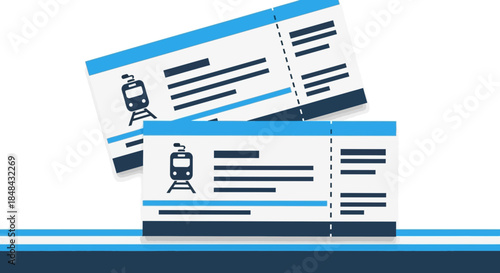 Two stylized train tickets are presented in a graphic illustration, with one ticket slightly overlapping the other, against a clean white background