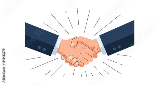 Two business people in suits shake hands, symbolizing a successful agreement and partnership with radiating lines