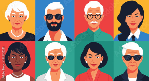 A diverse group of eight people, showcasing a range of ages, genders, and ethnicities, are depicted in a grid of colorful portraits