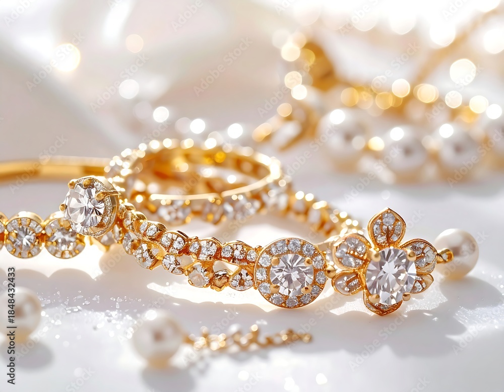 Obraz premium Close-up view of elegant jewelry on white reflective surface