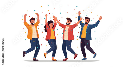 A diverse group of four friends joyfully celebrates a special occasion, dancing and cheering amidst a shower of colorful confetti
