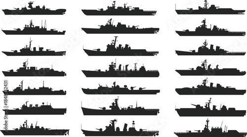 Collection of Warship Silhouettes in Profile View on White Background Keywords: warship, warships, navy, military, ship, ships