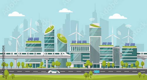 A futuristic ecofriendly city showcases sustainable living with wind turbines, solar panels, and a modern monorail system transporting people through the urban landscape