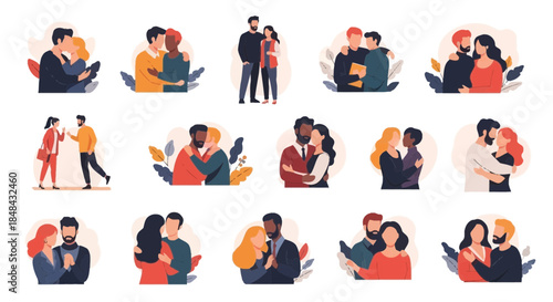 A collection of diverse couples sharing intimate moments of love and affection through hugs and kisses, depicted in a charming flat illustration style