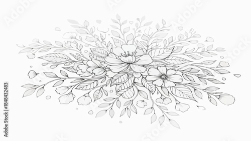 Elegant Floral Sketch with Delicate Leaves and Blossoms.