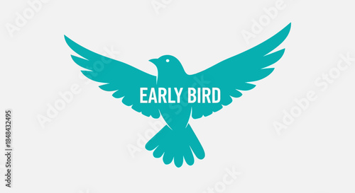 A teal silhouette of a bird with outstretched wings, featuring the words early bird emblazoned across its chest, symbolizing new beginnings and opportunities