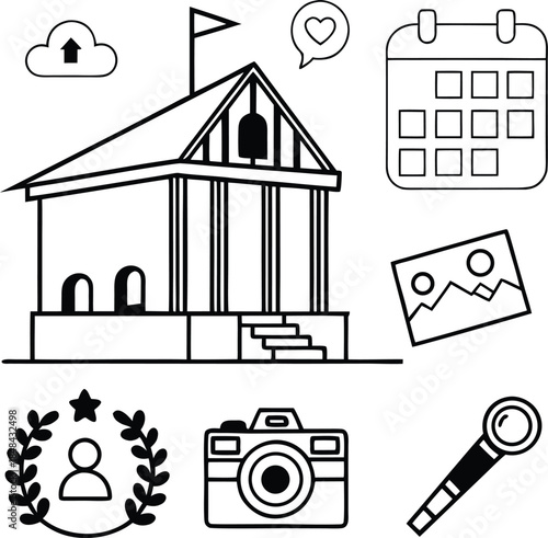 Black and white line of a classical building with various around it line classical building