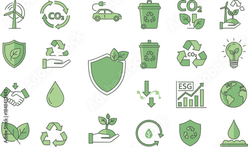 Green Eco Icons Set Wind Turbine Recycling Earth Lightbulb Keywords: eco, green, icon, set, wind turbine, recycling, earth, lightbulb, C O2