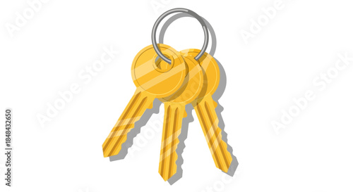 A set of three shiny golden keys attached to a silver ring, isolated on a plain white background, symbolizing access and opportunity