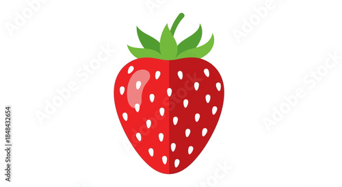 A vibrant red strawberry with green leaves and white seeds, isolated on a clean white background, representing fresh fruit and healthy eating