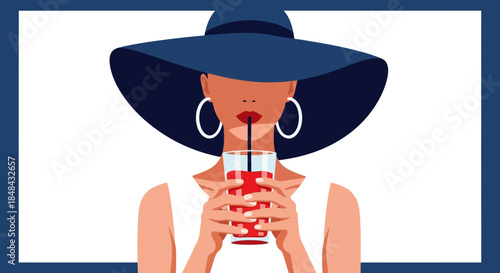 A stylish woman wearing a widebrimmed hat and large hoop earrings sips a red beverage through a straw, embodying summer fashion and relaxation