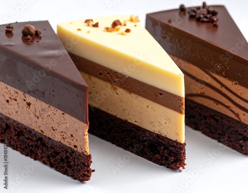 Close-up of three layered cake slices with chocolate toppings
