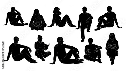 People Sitting Poses Silhouette Set