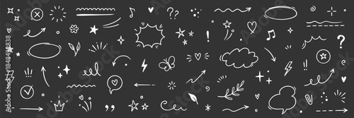 Line sketch element star, arrow, heart design icons on chalkboard. Hand drawn sketch doodle cute star, heart, flower element. Line text decoration scribble decoration. Hand drawn Vector illustration