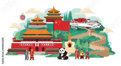 A vibrant illustration showcasing iconic chinese landmarks like the great wall and forbidden city, alongside a panda and traditional figures, symbolizing the rich culture and heritage of china
