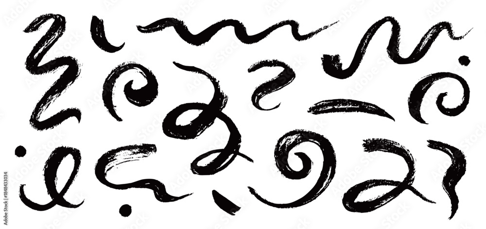 Naklejka premium Chinese brush strokes swirl, line curve, calligraphy paint spiral elements. Hand drawn chinese ink brush paint stroke swish, swoosh wave doodles. Grunge texture abstract line. Vector illustration