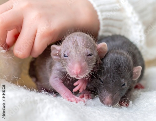 Close-up of two newborn baby rats with a gentle human hand