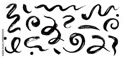 Chinese brush strokes swirl, line curve, calligraphy paint spiral elements. Hand drawn chinese ink brush paint stroke swish, swoosh wave doodles. Grunge texture abstract line. Vector illustration