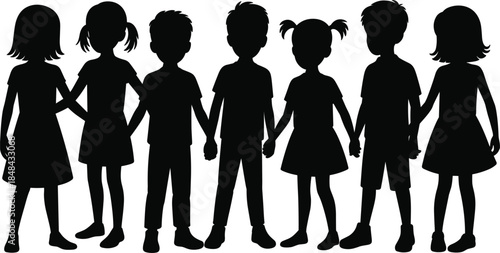 Diverse Group of Children Silhouettes Holding Hands on White Background Keywords: children, kids, silhouette, group, holding
