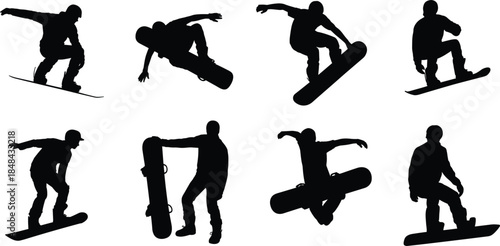 Dynamic Silhouettes of Snowboarders Performing Tricks and Poses Keywords: snowboard, snowboarding, silhouette, snowboarder