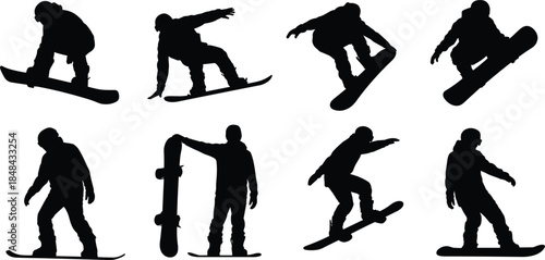 Dynamic Silhouettes of Snowboarders Performing Tricks on White Background snowboarding winter sport