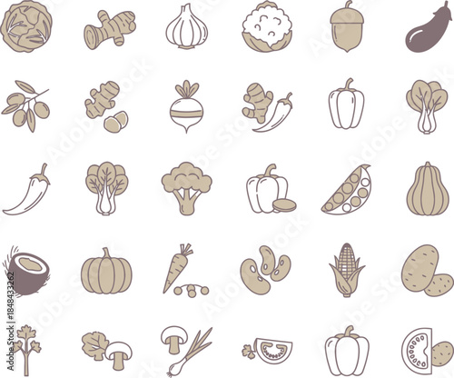 Outline Icons of Vegetables and Fruits in Purple and Beige Tones vector illustration