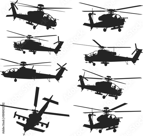 Eight black silhouette military attack helicopters displayed from multiple perspectives on white army