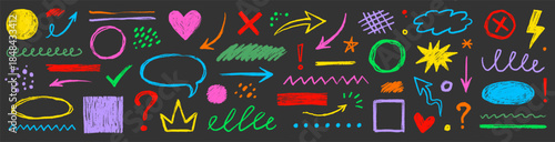 Hand drawn crayon arrows, chalk circles, dot color set. Textured chalk strokes with childlike doodles, dots, scribbles pastel texture pencil underline, star, arrow elements. Vector illustration