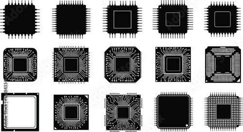 Set of microchip and processor silhouettes in vector illustration isolated on white, collection of CPU, integrated circuits, and computer hardware icons, electronic device components.