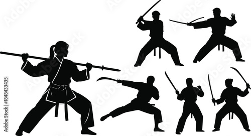 Set of martial arts silhouettes, ninja and samurai warriors with swords, woman holding staff, fighting poses collection, vector illustration isolated on white background