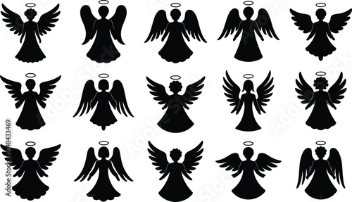 Fifteen black silhouettes of angels with halos and wings on a white background mythical creature