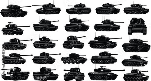 Set of military tank silhouettes, vector army war machine collection, black armored vehicle icons, isolated transportation on white background for game design