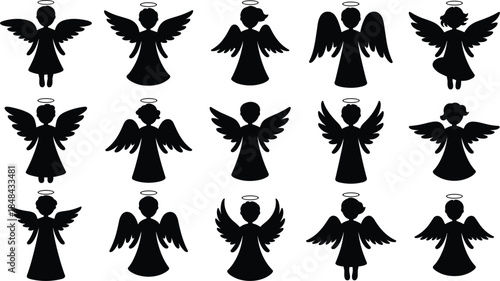 Fifteen Silhouetted Angels with Wings and Halos on White Background Keywords: angel, silhouette, halo, wings, flying, divine