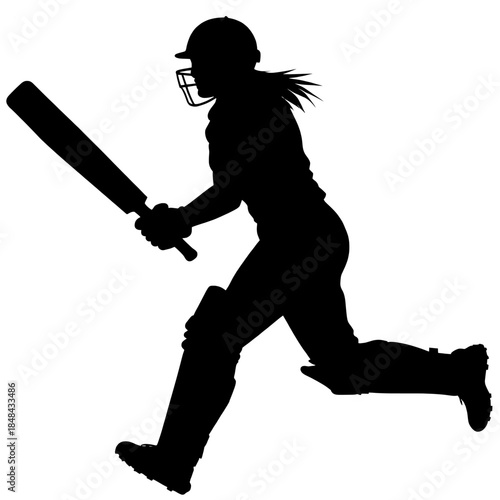 Silhouette of a female cricket player running with bat and pads on white background