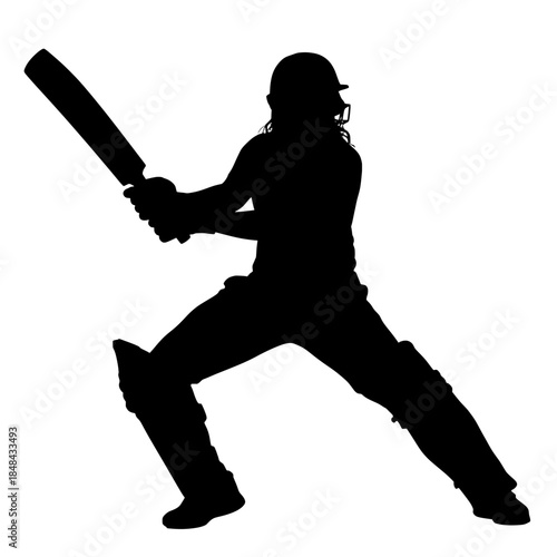 Female cricket batter poised to strike, black silhouette against white