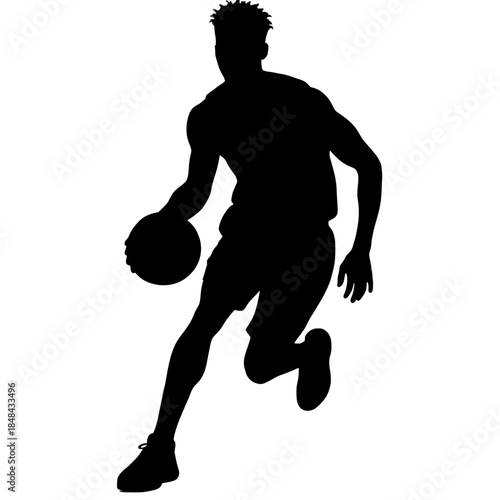 Silhouette of a male basketball player dribbling the ball with intensity