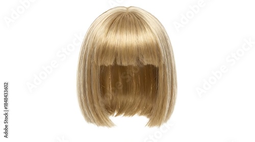 Vibrant blonde bob wig with sleek, short hair and trendy bangs, a stylish hairpiece accessory for fashion, costume, or beauty transformation, isolated on a white background