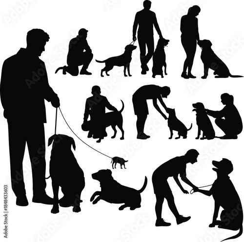 Silhouettes of people walking, training, and playing with dogs showing companionship, obedience, and mutual affection in outdoor scenes