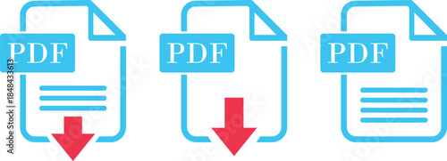 PDF File Format icon set. PDF file download symbols. Format for texts, images, vector images, interactive forms. Type document, symbol web format information, file format symbol. Vector illustration.