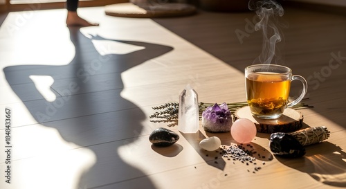 Yoga pose shadow with herbal tea and crystals.