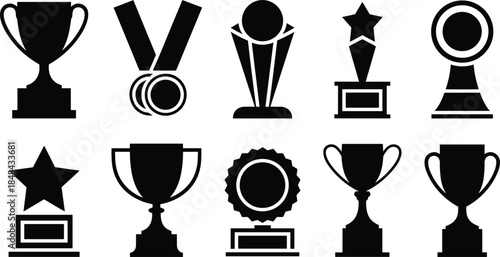 Set of black trophy and medal silhouettes for awards and achievements Keywords: trophy, award, medal, prize, winner, champion