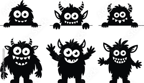 Set of Six Black Silhouette Cartoon Monsters with Big Eyes and Grins cute creature