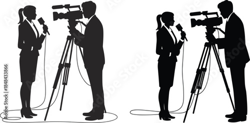 Silhouettes of a Female Reporter Interviewing a Cameraman with a Video Camera Keywords: reporter, journalist, cameraman, camera