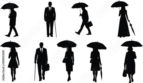 Set of people silhouettes with umbrellas and walking sticks, men and women in rain, pedestrians holding parasol, vector illustration isolated on white background