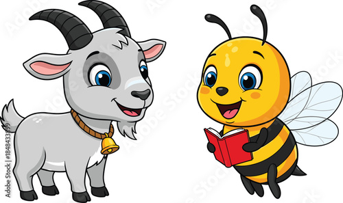 Cute Cartoon Goat and Bee Reading Book Characters, Colorful Flat Vector Illustration for Kids Education, Learning Concepts, Nursery Decor, and Children Design Projects