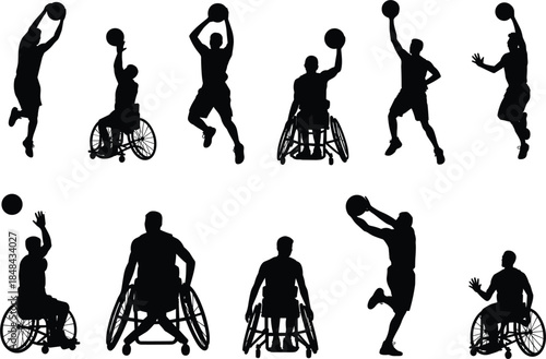 Silhouettes of basketball players including wheelchair users playing basketball on white background Keywords: basketball, player